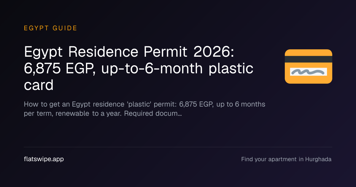 Egypt Residence Permit 2026: 6,875 EGP, up-to-6-month plastic card — illustration