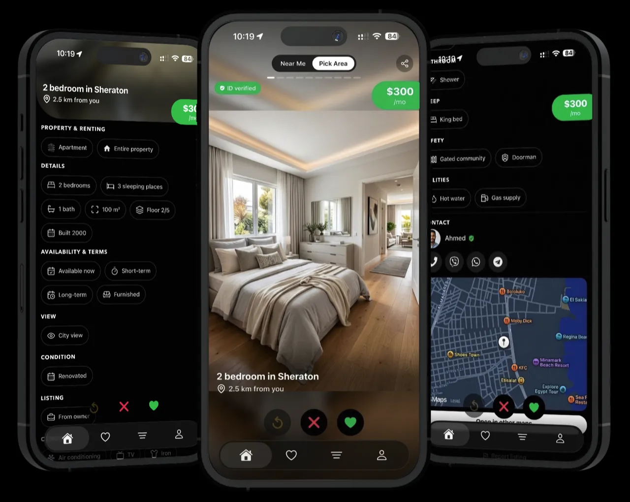 FlatSwipe app screenshots showing swipe cards and map view