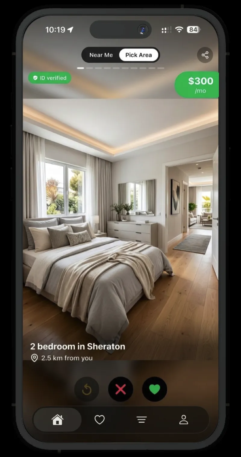 FlatSwipe app showing rental listing